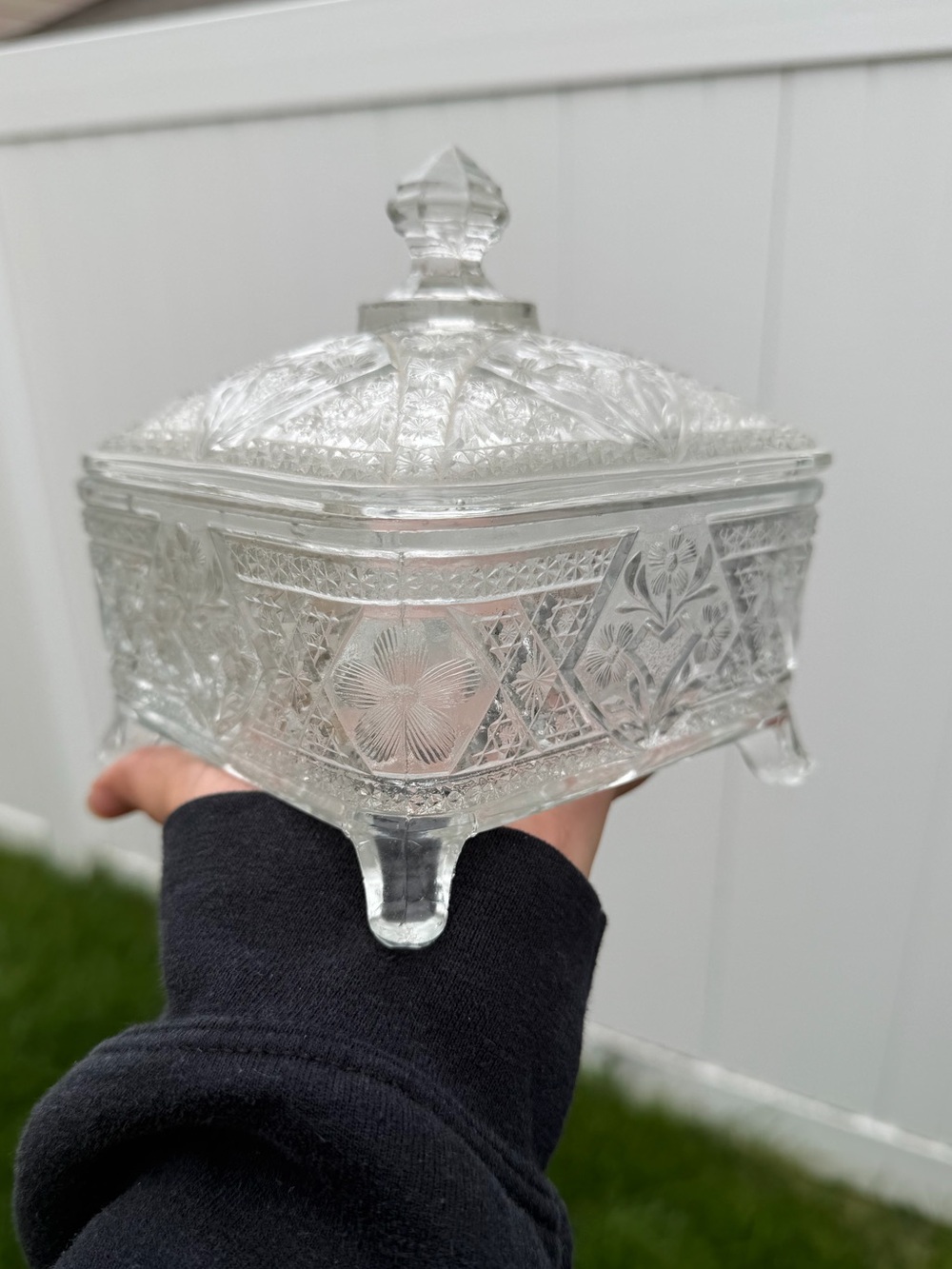 Indiana Glass “Garden Pink” footed square covered honey dish